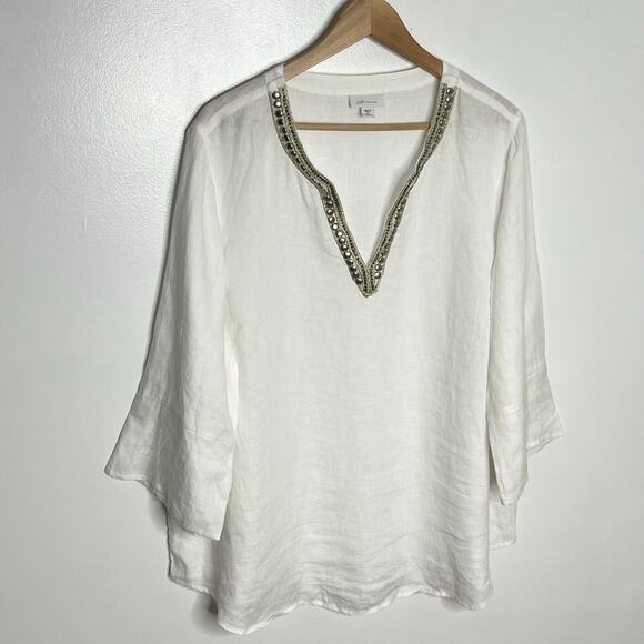 J. Jill Love Linen Womens Pullover Blouse 2X White Embellished V Neck Coastal - Picture 3 of 10